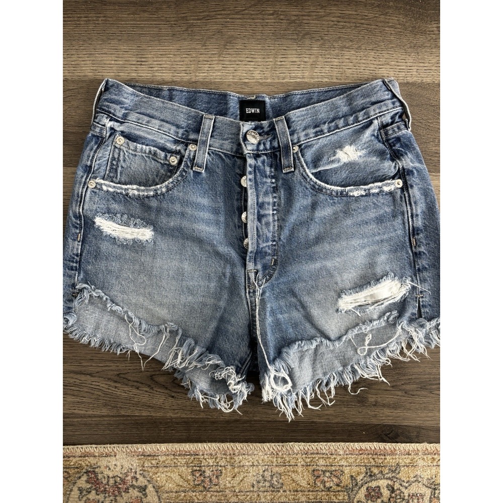 Edwin Cai‎ Cut Off Denim Shorts High Rise Raw Hem Blue Women's Size 25 0565